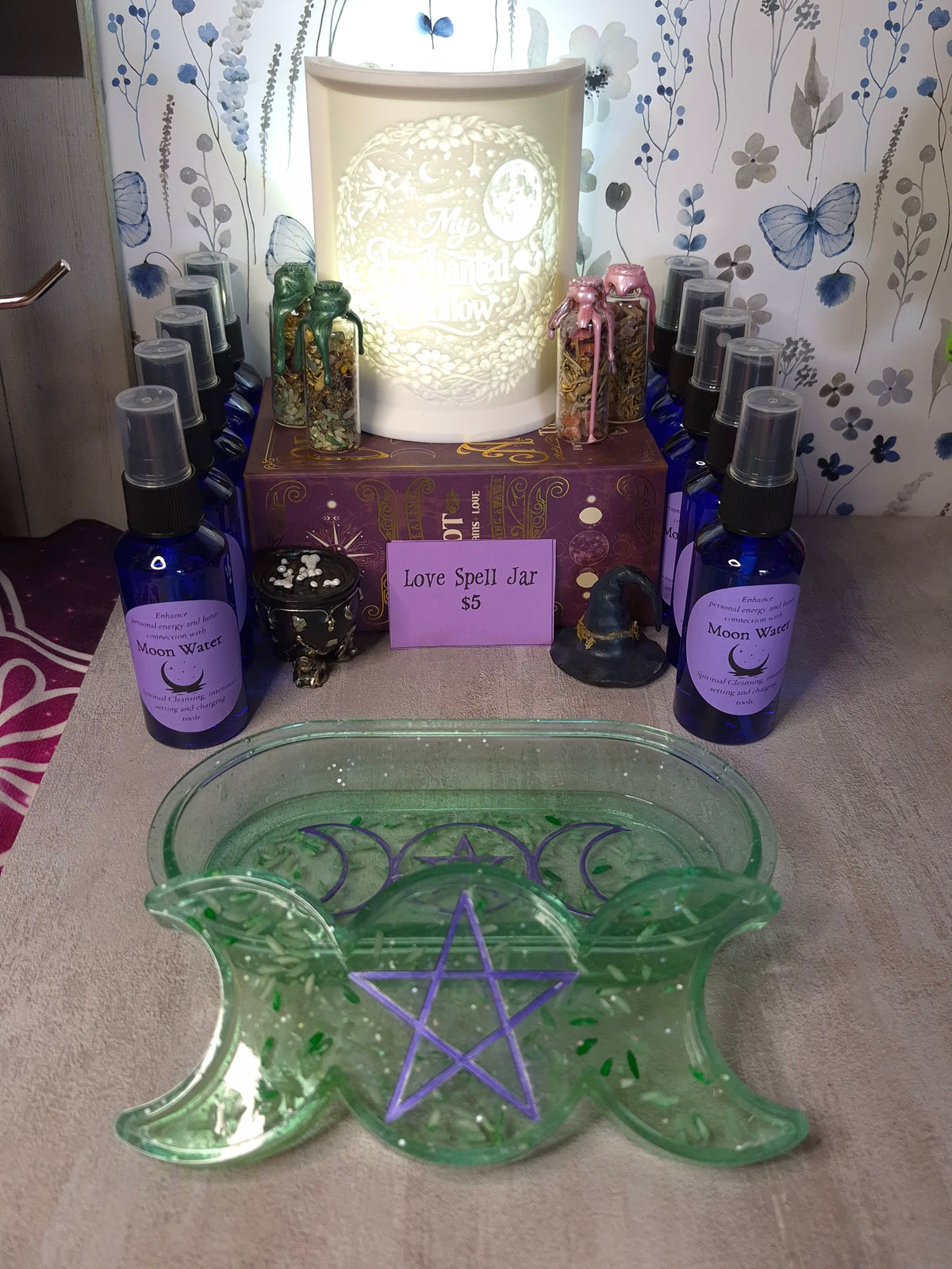 Prosperity, Money Bowl, Resin, Moon & Star Candle Holder & Tray Set, Green