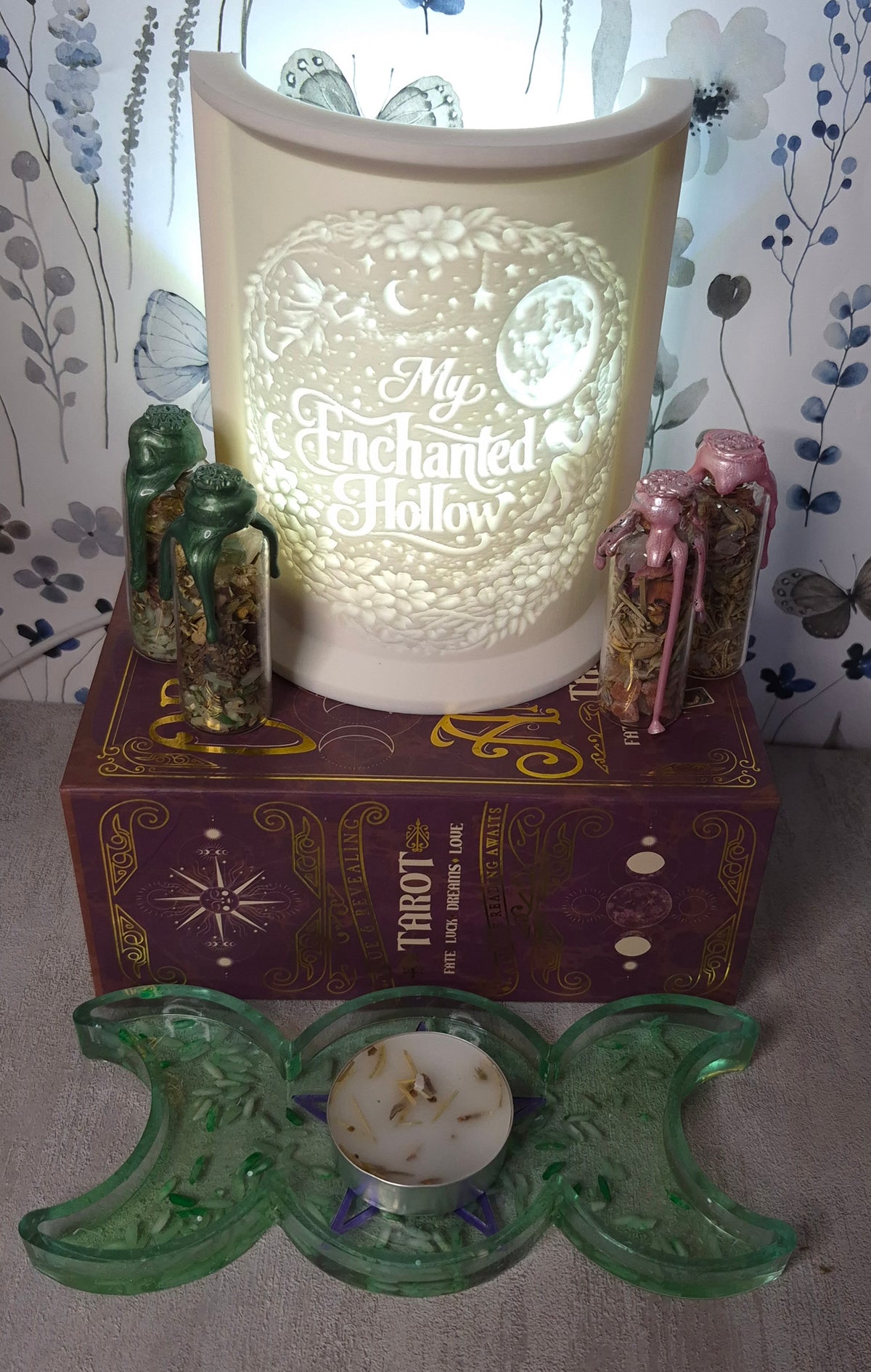 Prosperity, Money Bowl, Resin, Moon & Star Candle Holder & Tray Set, Green