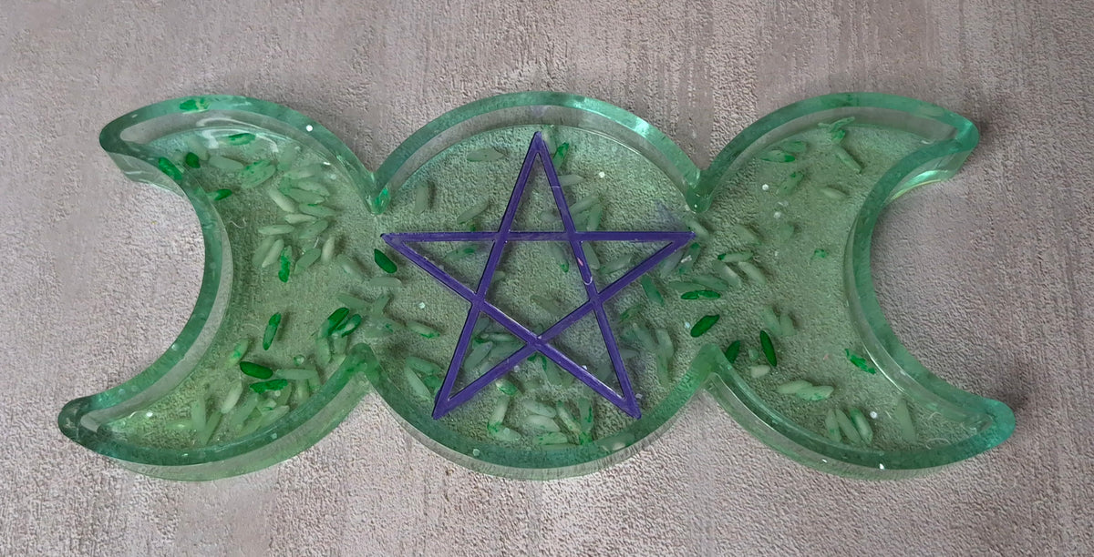 Prosperity, Money Bowl, Resin, Moon & Star Candle Holder & Tray Set, Green