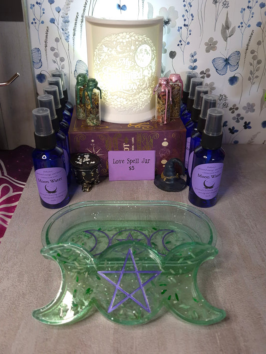 Prosperity, Money Bowl, Resin, Moon & Star Candle Holder & Tray Set, Green