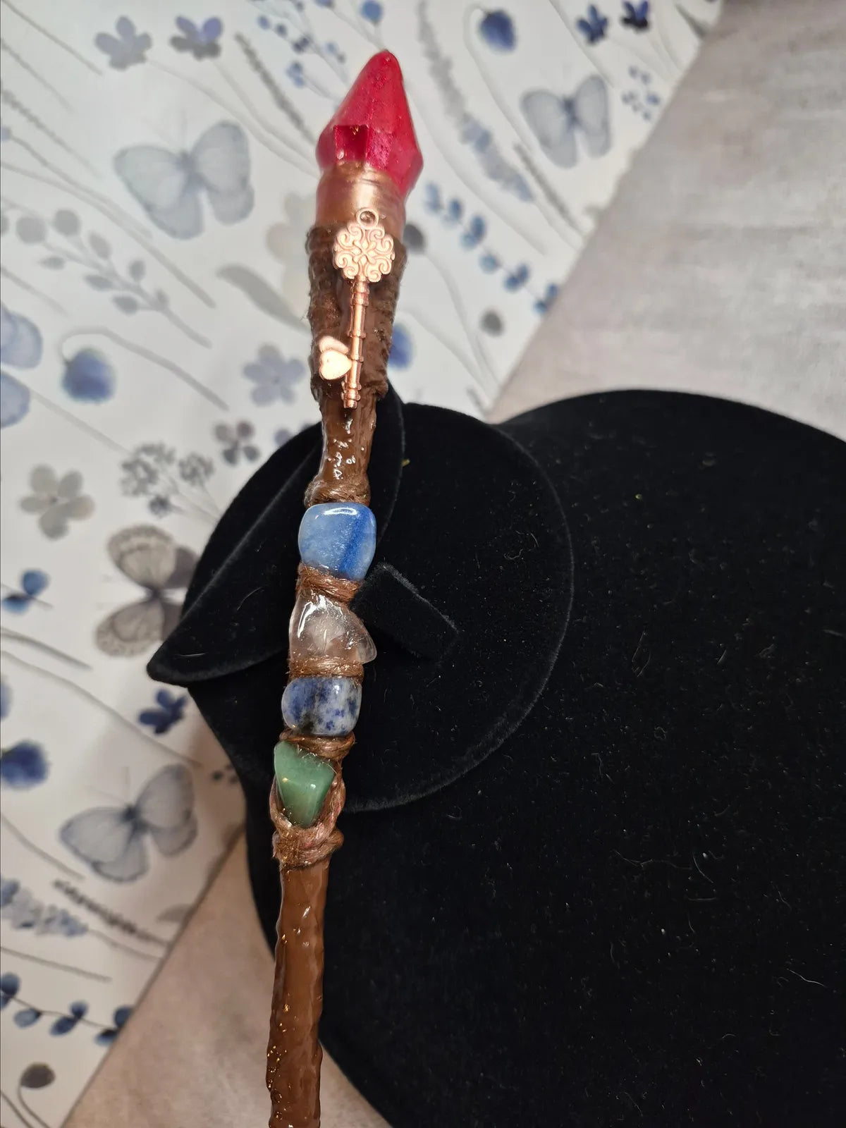 MW04, MAGICAL COLLECTION, Wand, Mushroom, 10", w/Key, Sodalite, Rose Quartz, Agate and Aventurine, Cosplay, Ren fest, Witch Warlock, Harry Potter Party